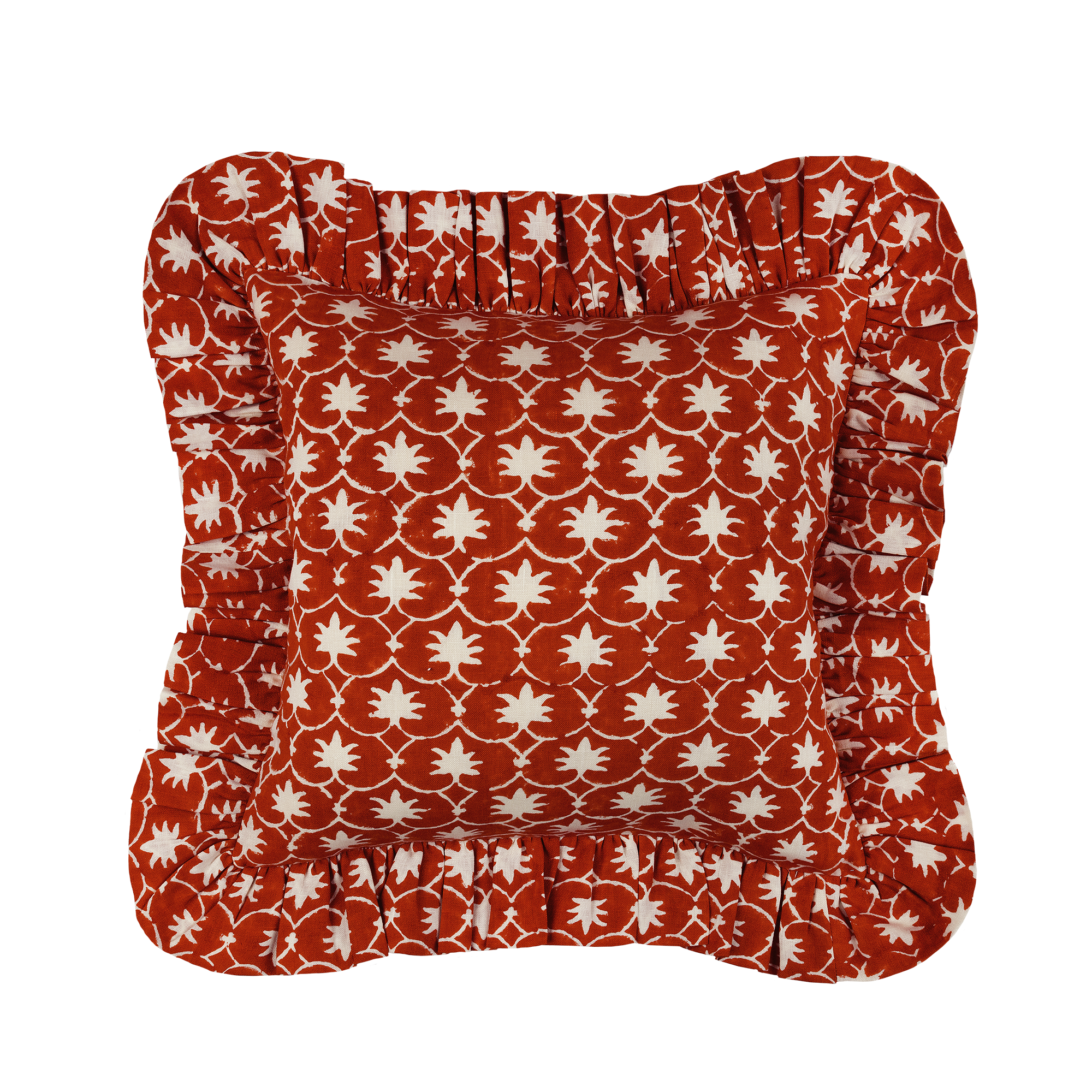 Red Inverse Palm Grove Linen Frilly Cushion