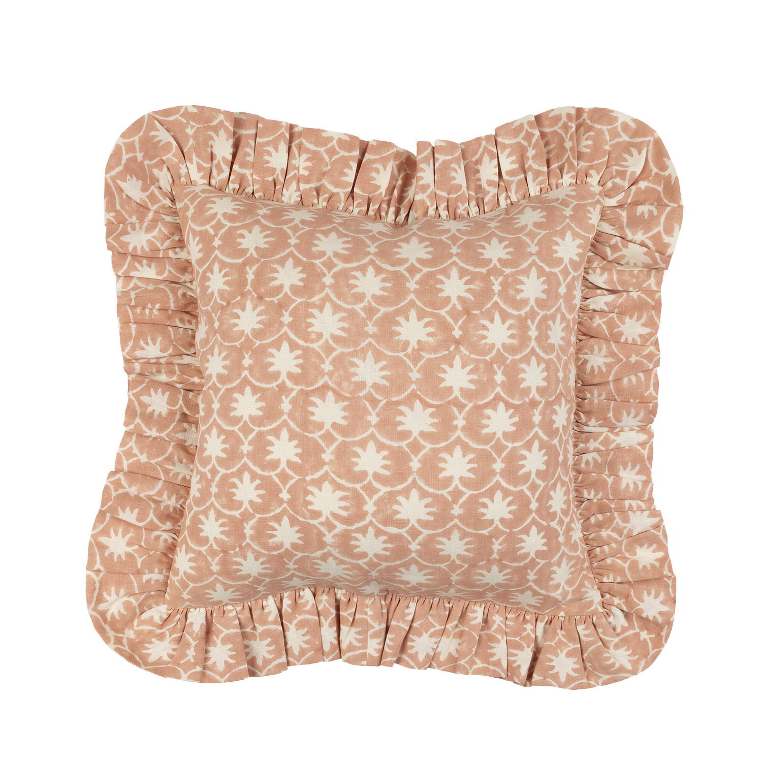 Rhubarb Inverse Palm Grove Linen Frilly Cushion