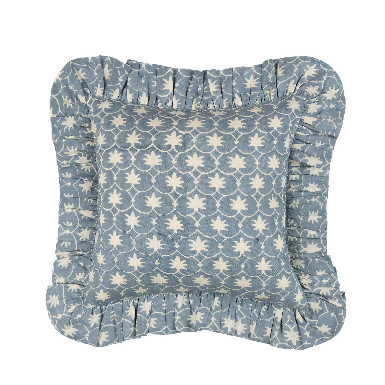 French Blue Inverse Palm Grove Linen Frilly Cushion