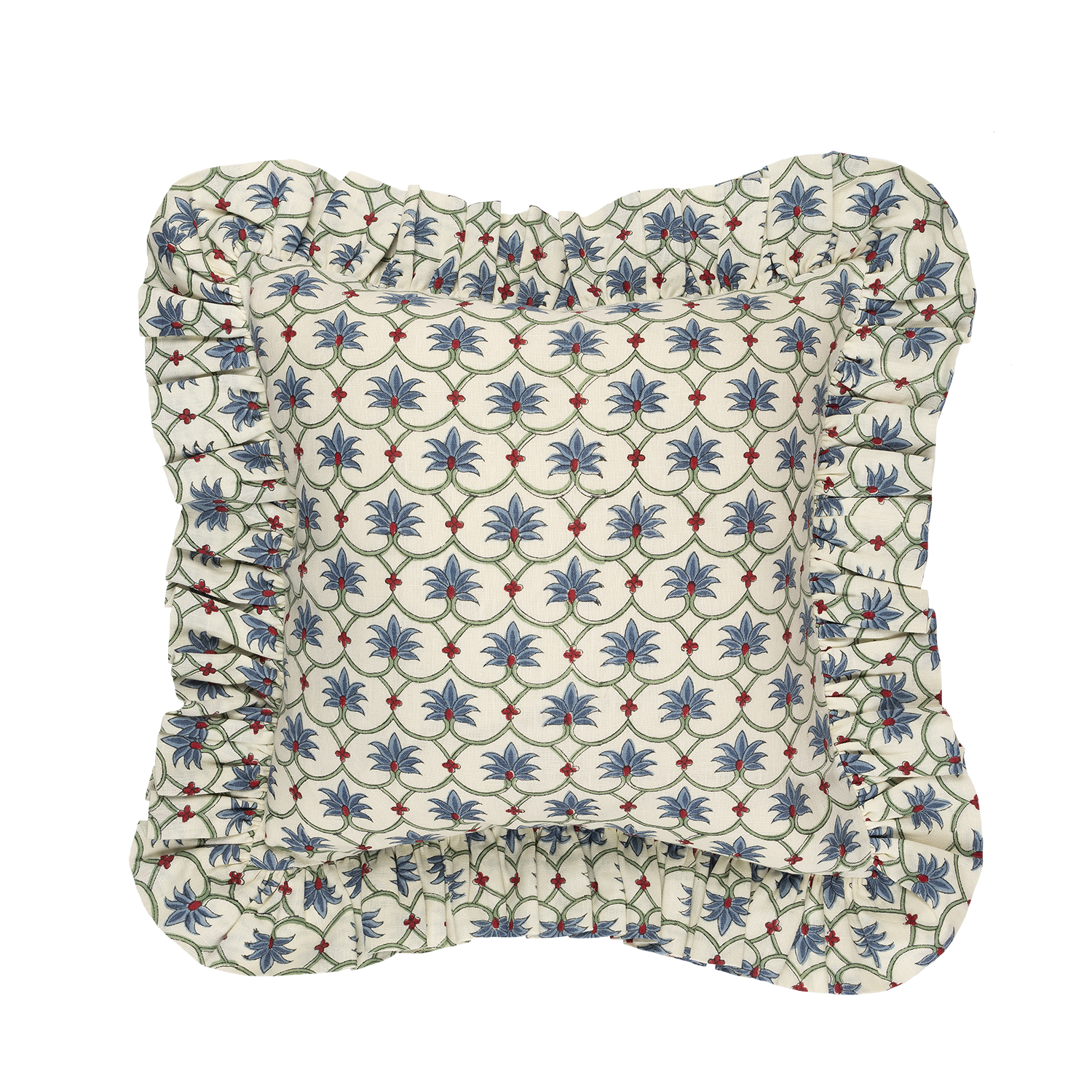 French Blue Palm Grove Linen Frilly Cushion