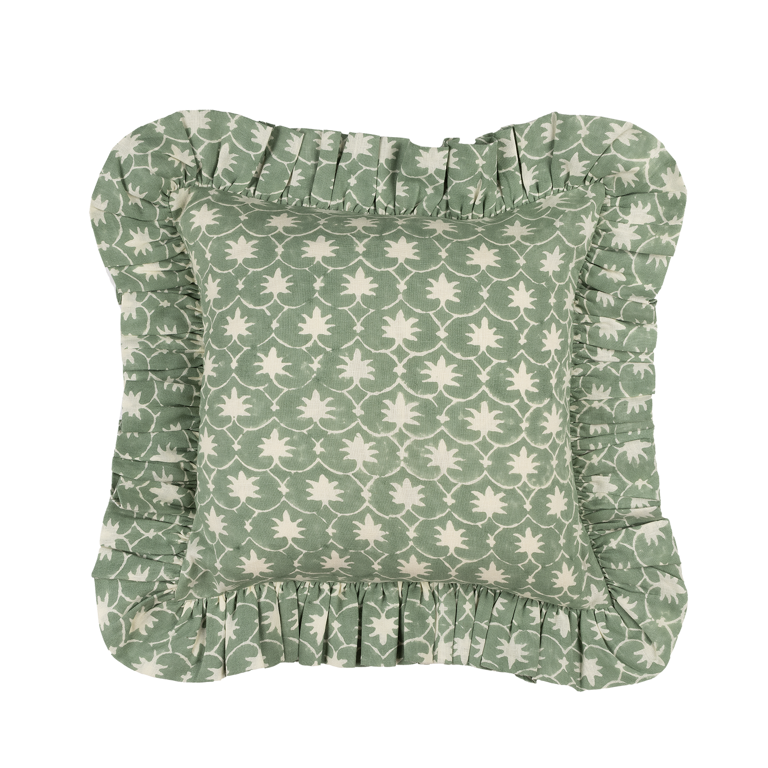 Jade Inverse Palm Grove Linen Frilly Cushion