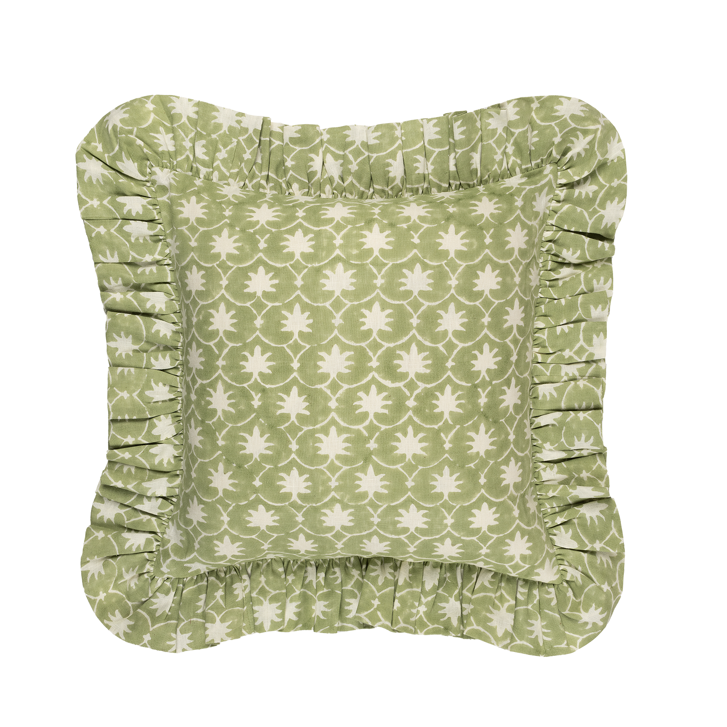 Olive Inverse Palm Grove Linen Frilly Cushion