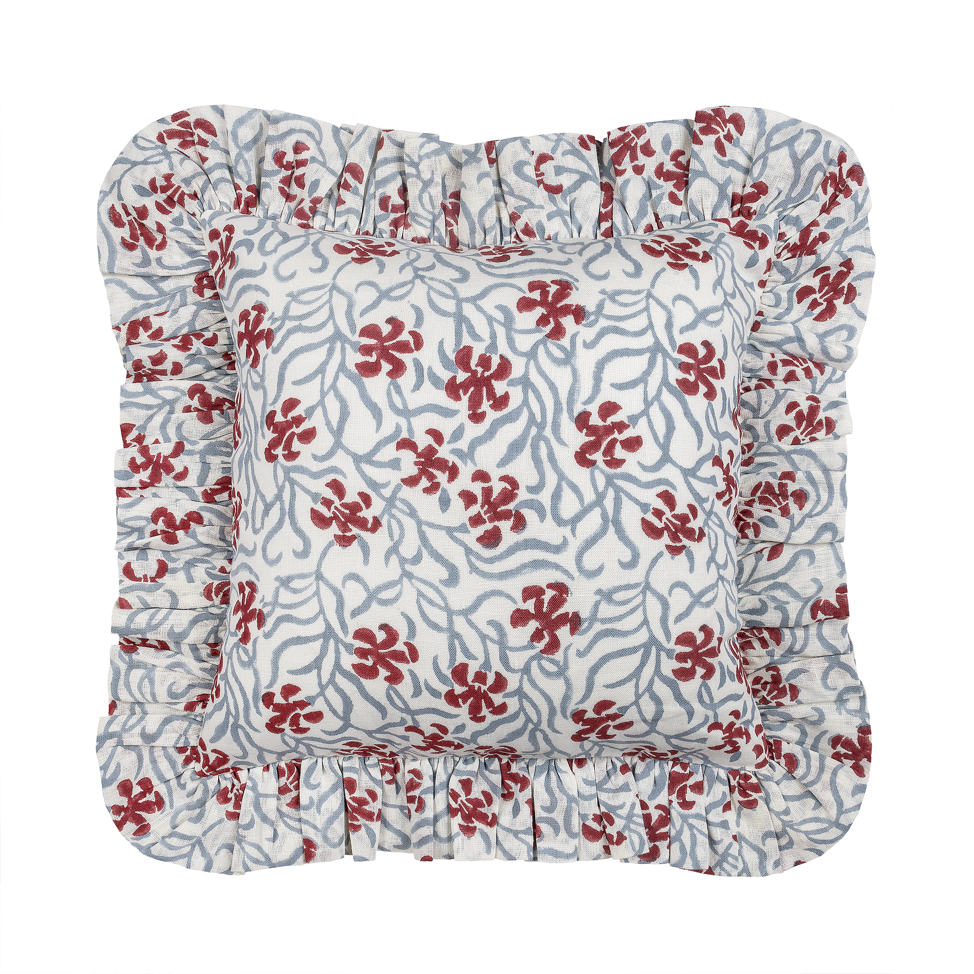 Poppy Petrol Okra Linen Frilly Cushion