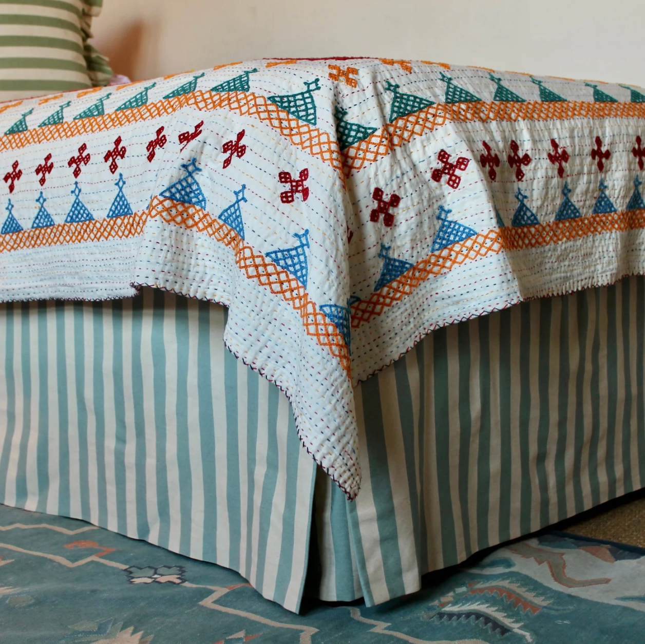 SALE - Tangier Iceberg Stripe King Piped Bed Valance