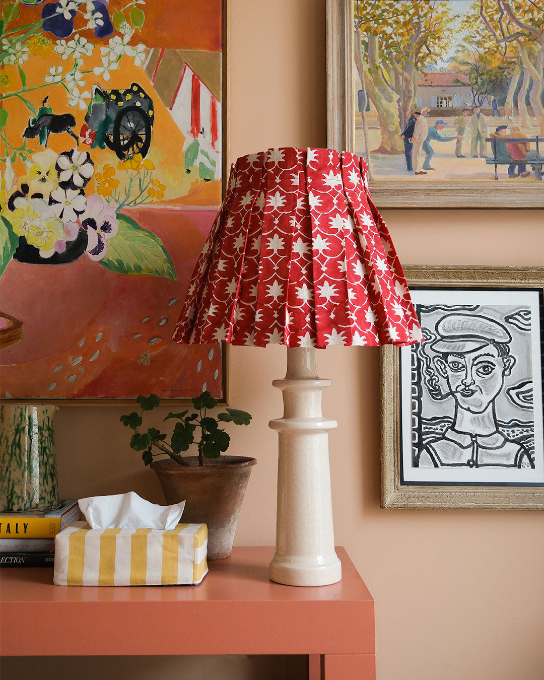 Red Inverse Palm Grove Linen Structured Box Pleat Lampshade