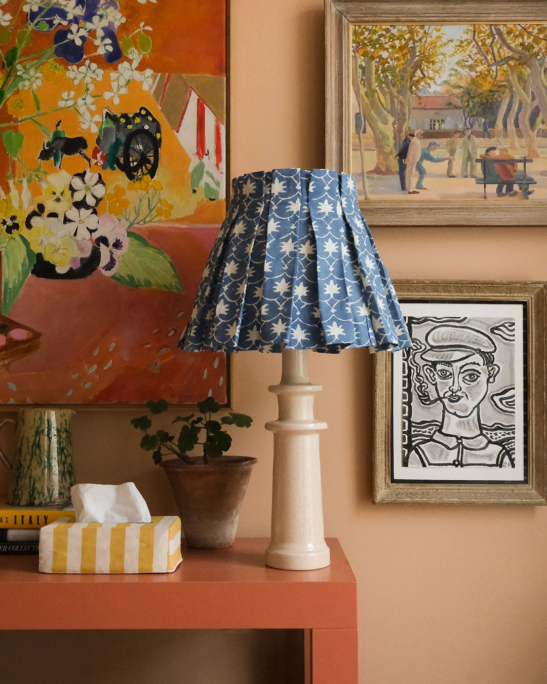 Denim Inverse Palm Grove Linen Structured Box Pleat Lampshade