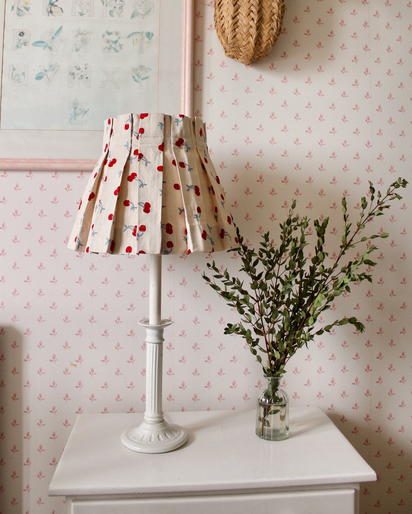 Embroidered Blue Cherry Box Pleat Lampshade - Alice Palmer & Co