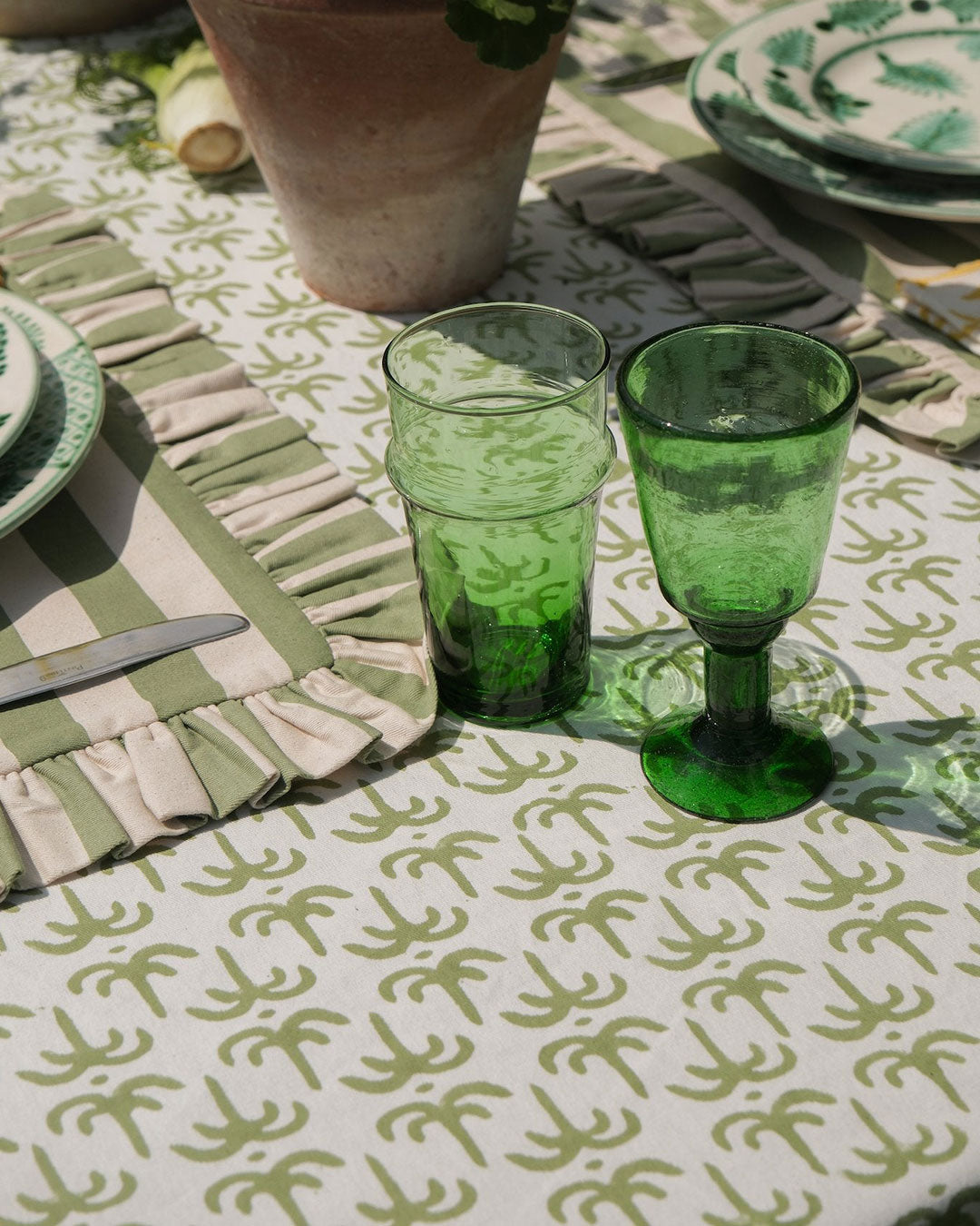 Green Callaloo Cotton Ruffle Tablecloth