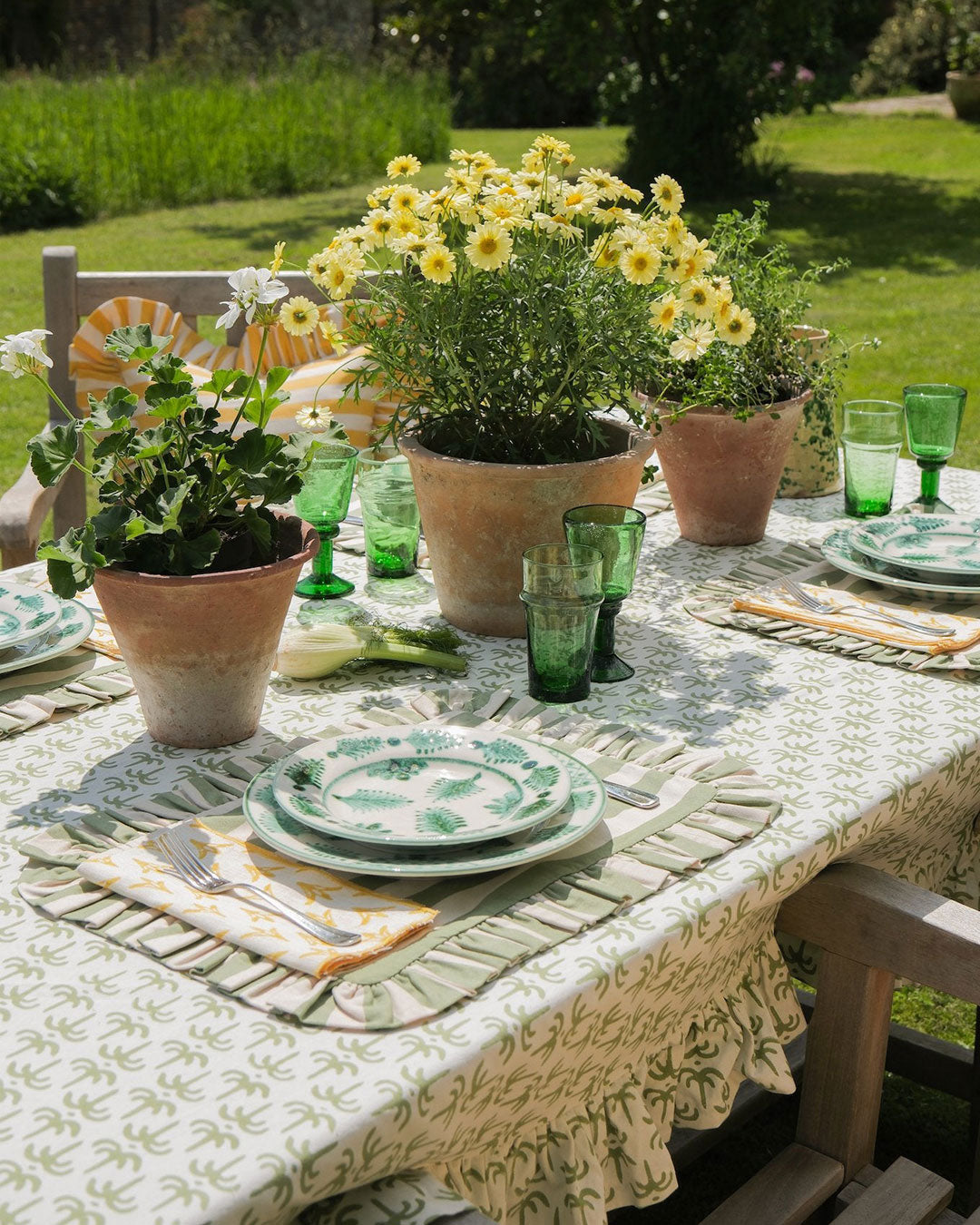 Green Callaloo Cotton Ruffle Tablecloth