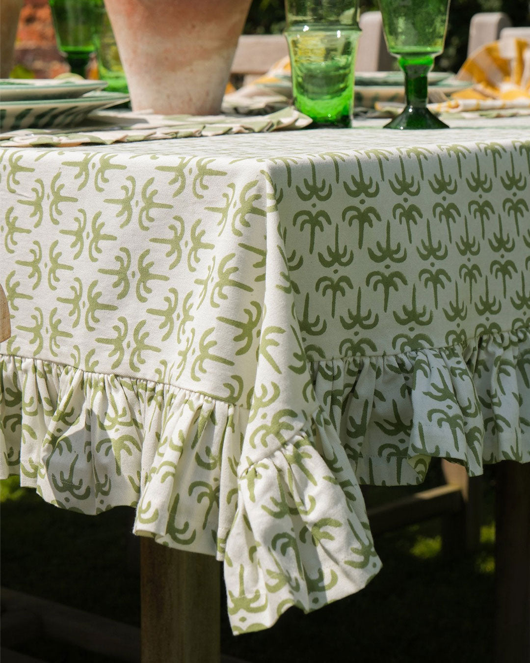 Green Callaloo Cotton Ruffle Tablecloth