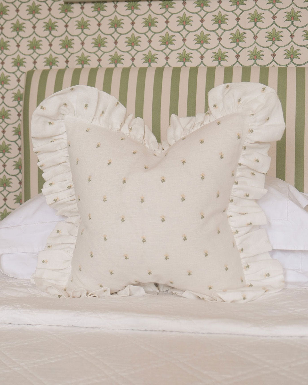 Embroidered Margarita Linen Frilly Cushion