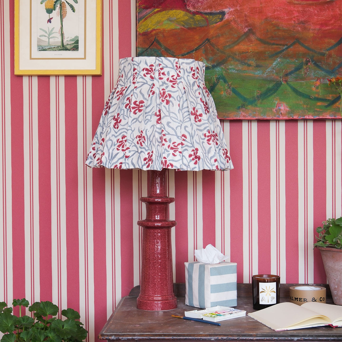 Poppy and Petrol Okra Linen Structured Box Pleat Lampshade