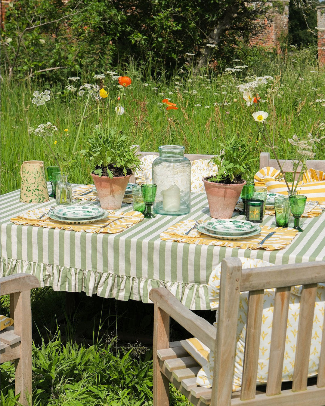 Tangier Olive Stripe Ruffle Tablecloth