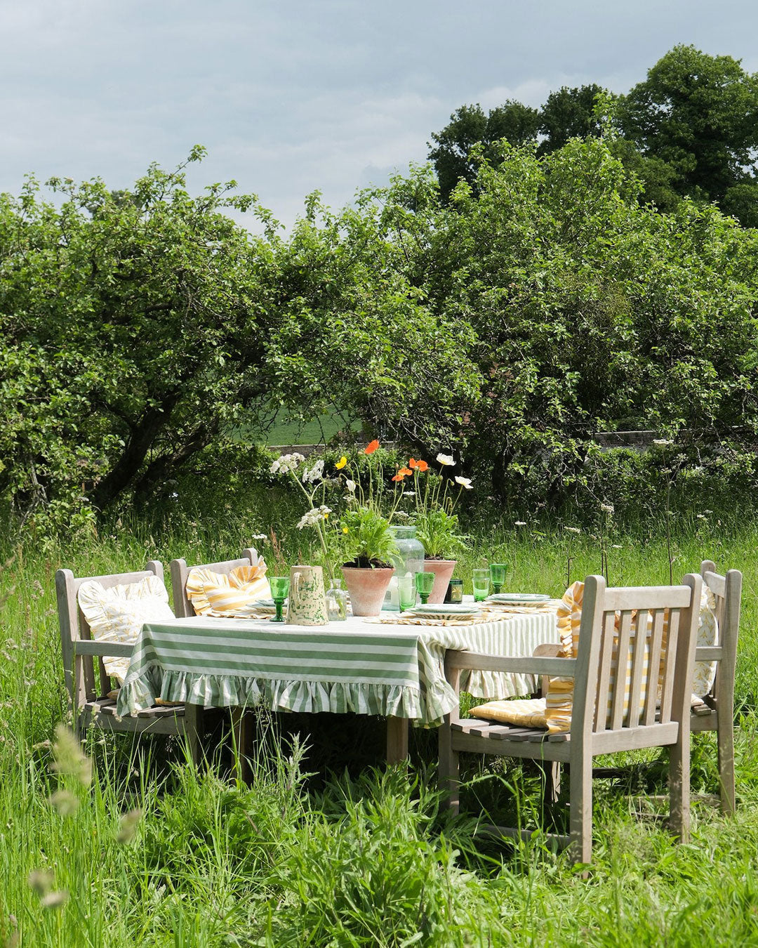 Tangier Olive Stripe Ruffle Tablecloth