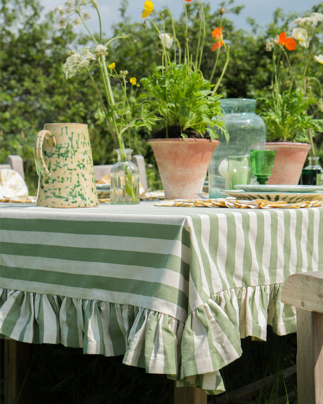 Tangier Olive Stripe Ruffle Tablecloth