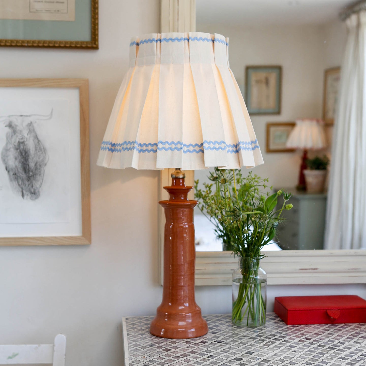 Triple Pale Blue Ric Rac Cotton Box Pleat Lampshade