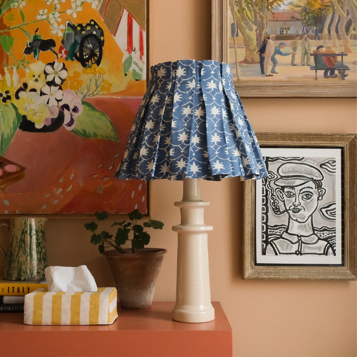 Denim Inverse Palm Grove Linen Structured Box Pleat Lampshade