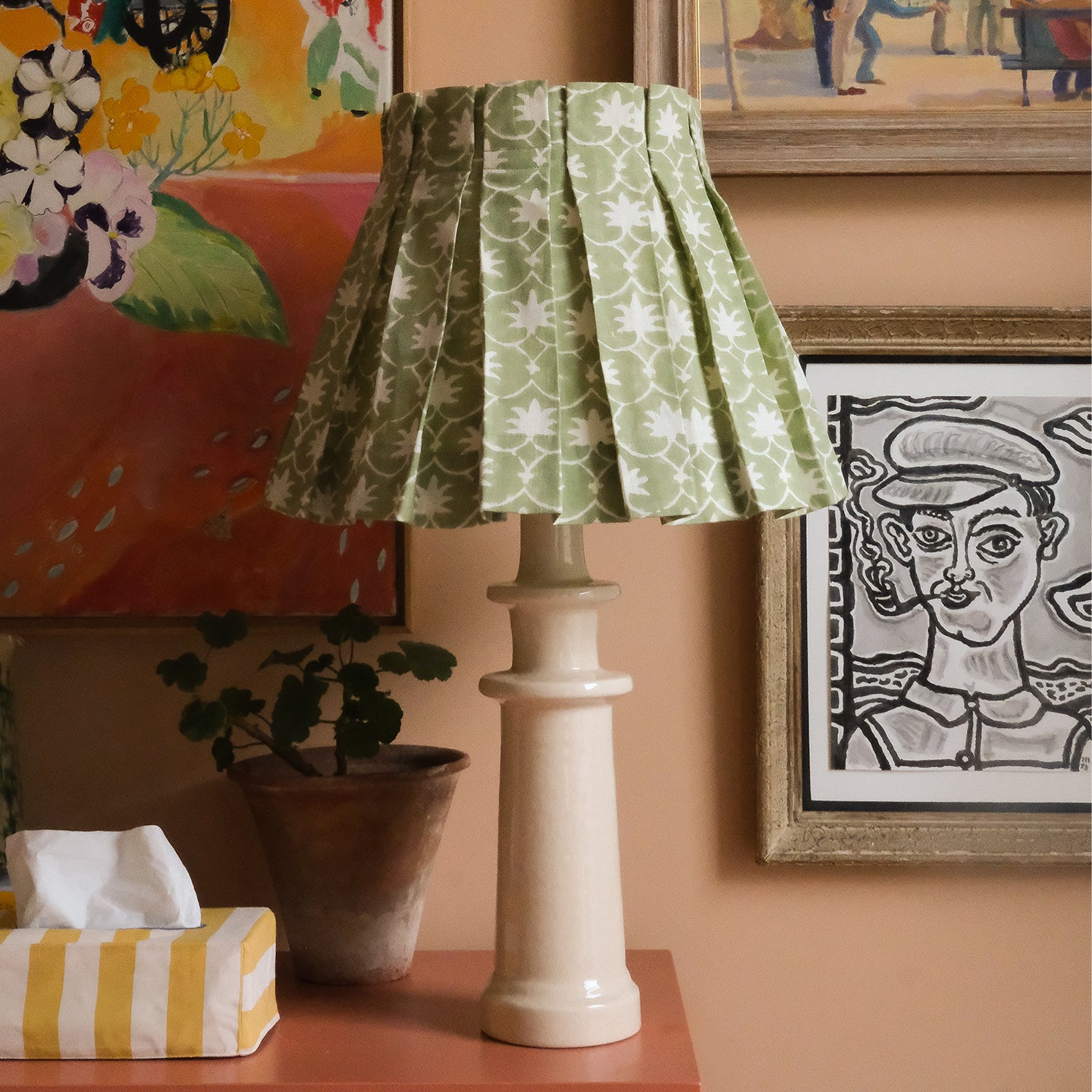 Olive Inverse Palm Grove Linen Structured Box Pleat Lampshade