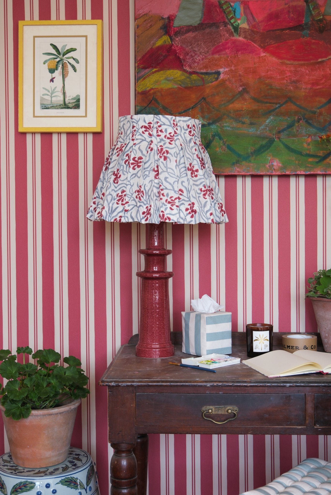 Poppy and Petrol Okra Linen Structured Box Pleat Lampshade - Alice Palmer & Co