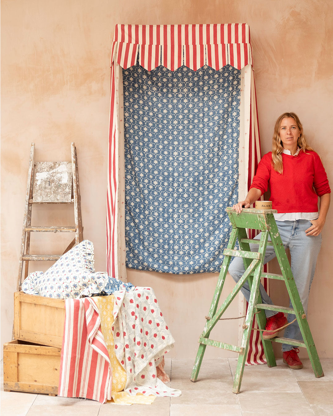 Bed Canopy - Single - Red Stripe/Denim Palm Grove