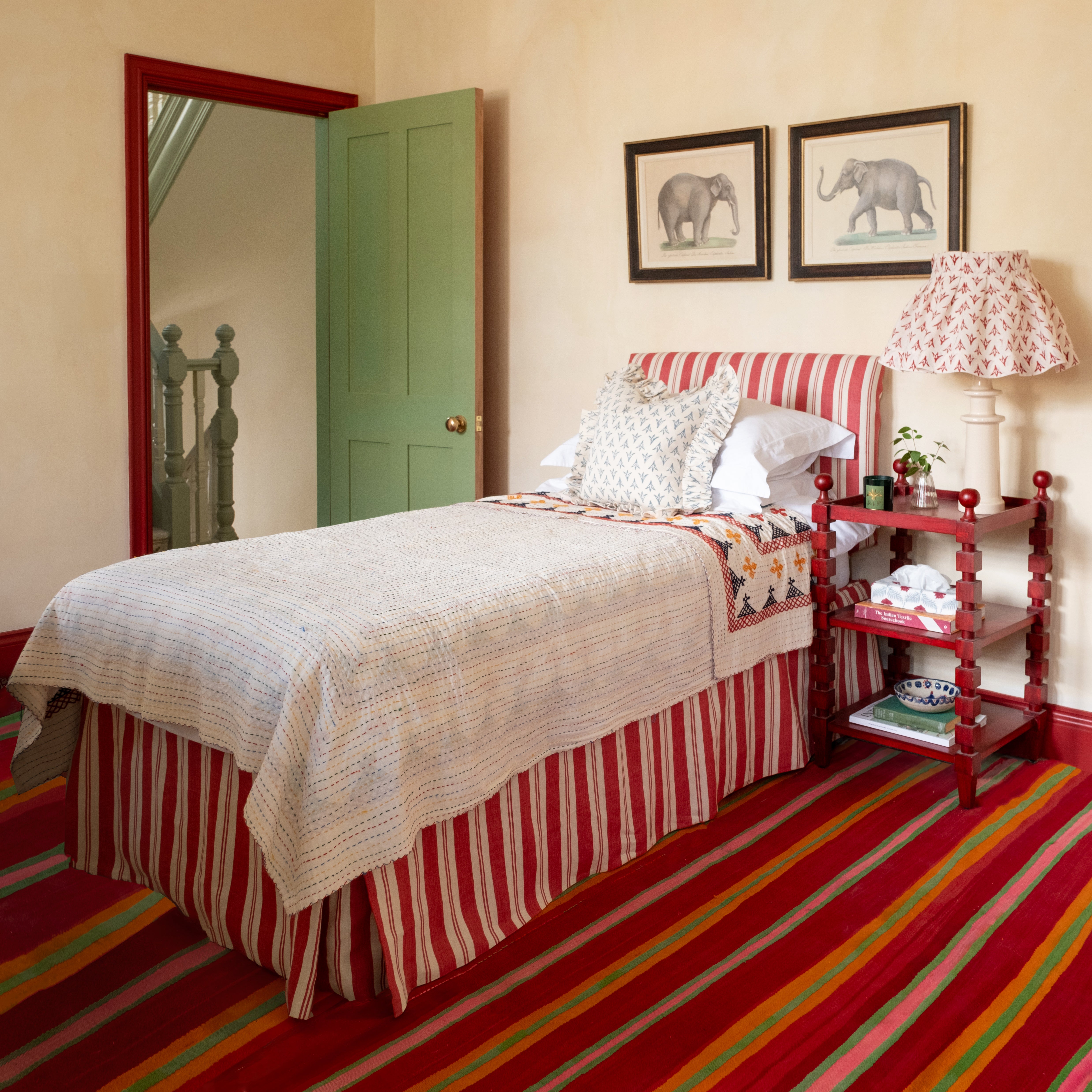 Red Raj Stripe Linen Ruffle Bed Valance