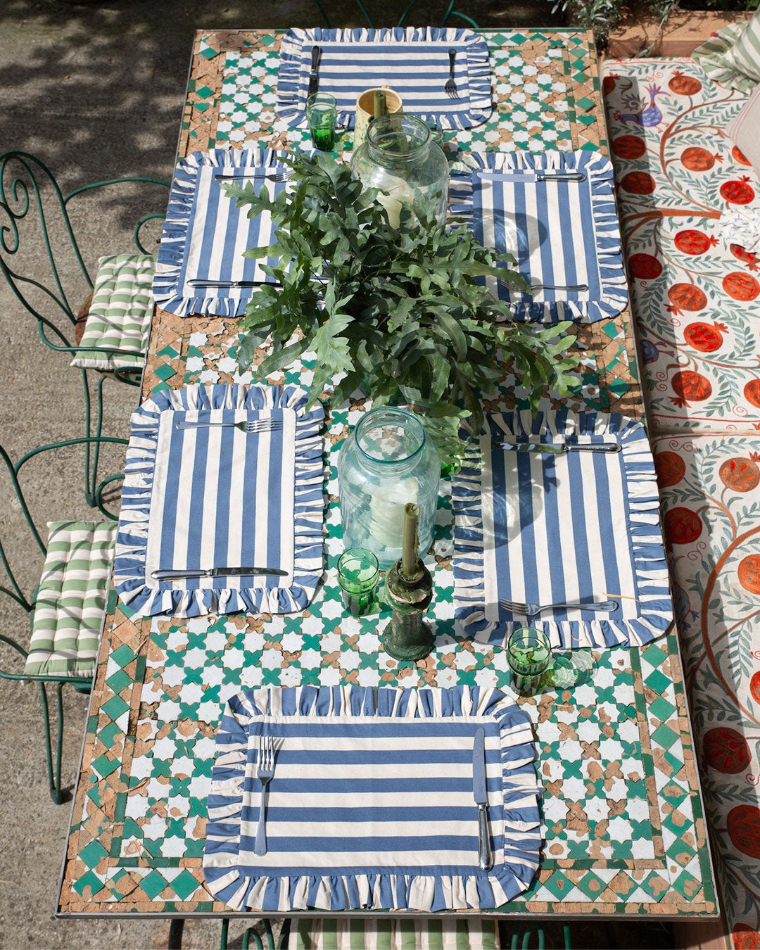 Tangier Denim Stripe Frilly Placemat - Set of Two