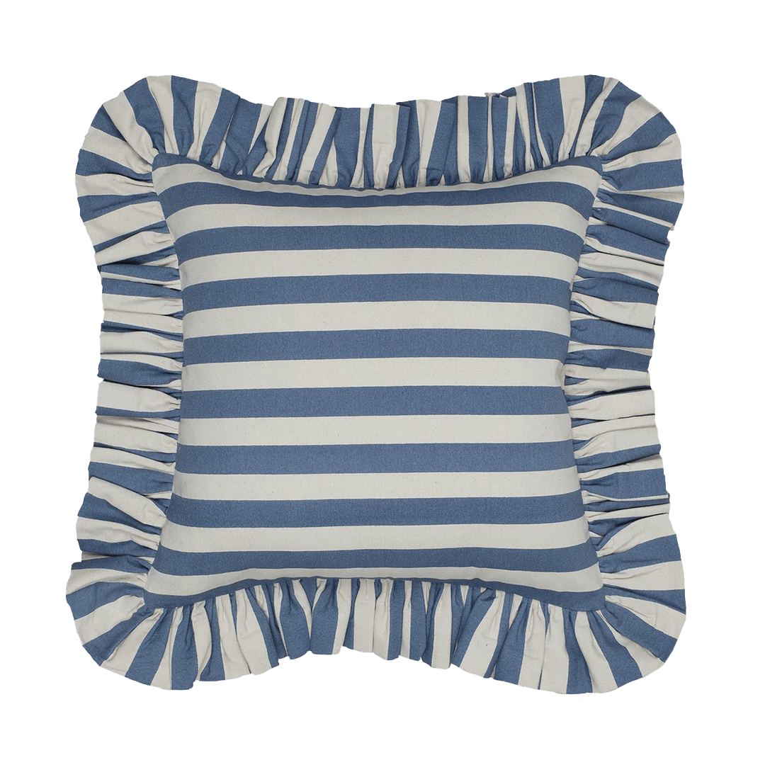 Tangier Denim Stripe Frilly Cushion - Alice Palmer & Co