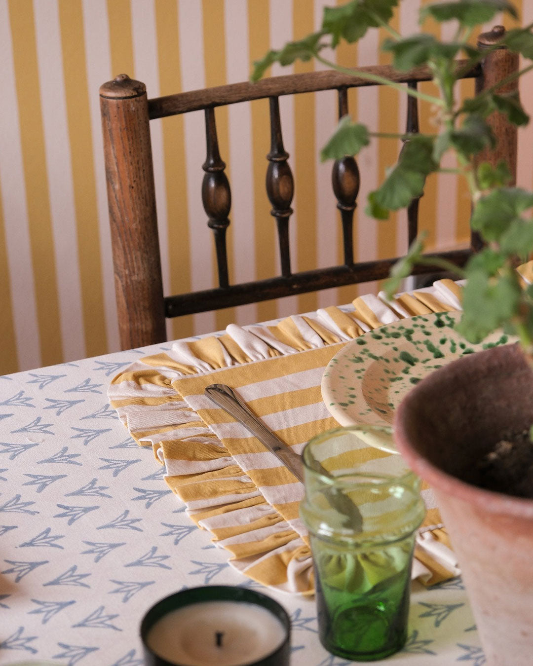 Tangier Mustard Stripe Frilly Placemat - Set of Two