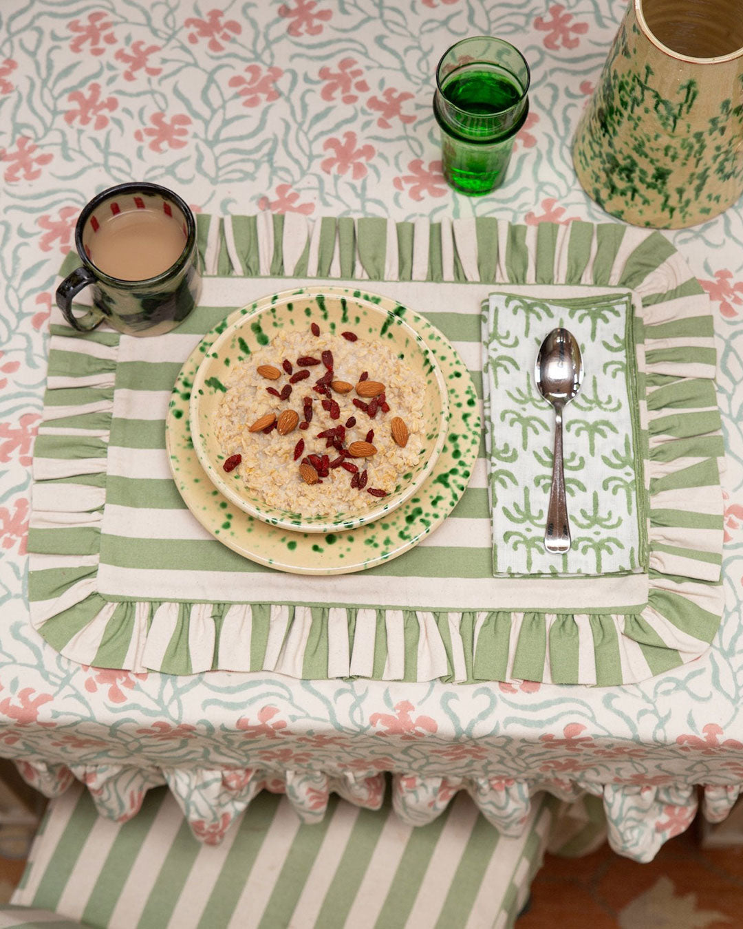 Tangier Olive Stripe Frilly Placemat - Set of Two