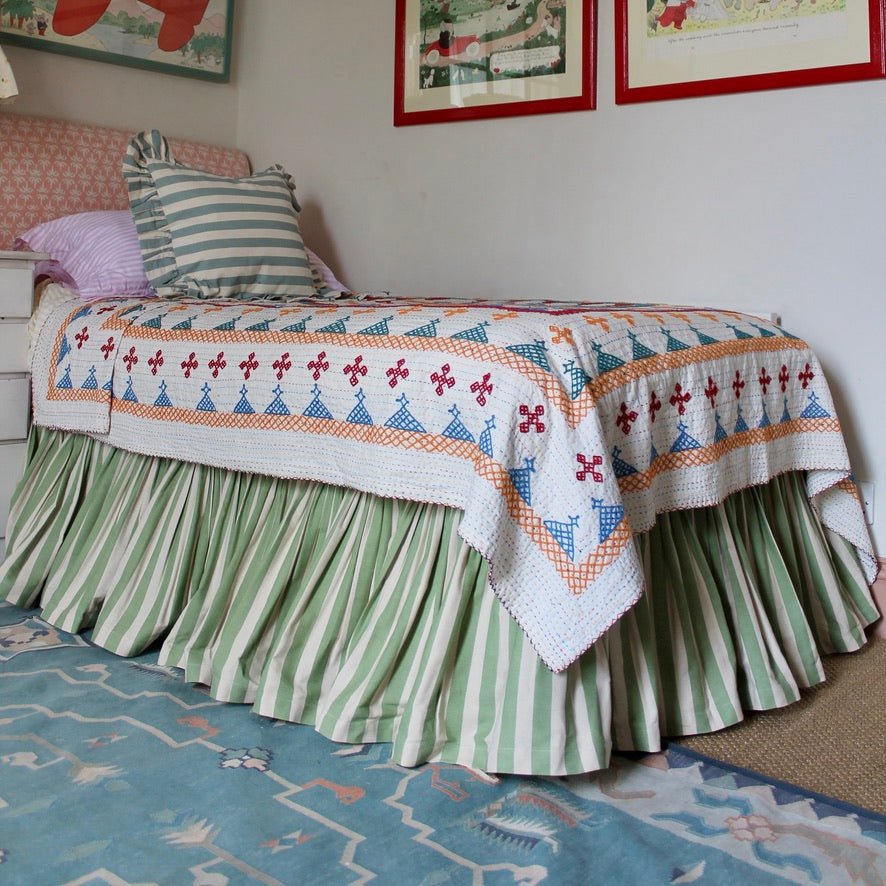 Tangier Olive Stripe Ruffle Bed Valance - Alice Palmer & Co