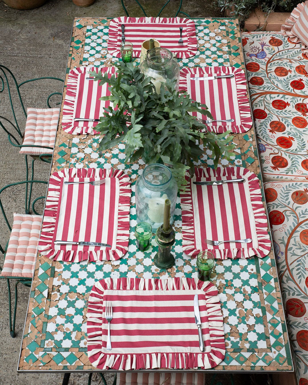 Tangier Red Stripe Frilly Placemat - Set of Two