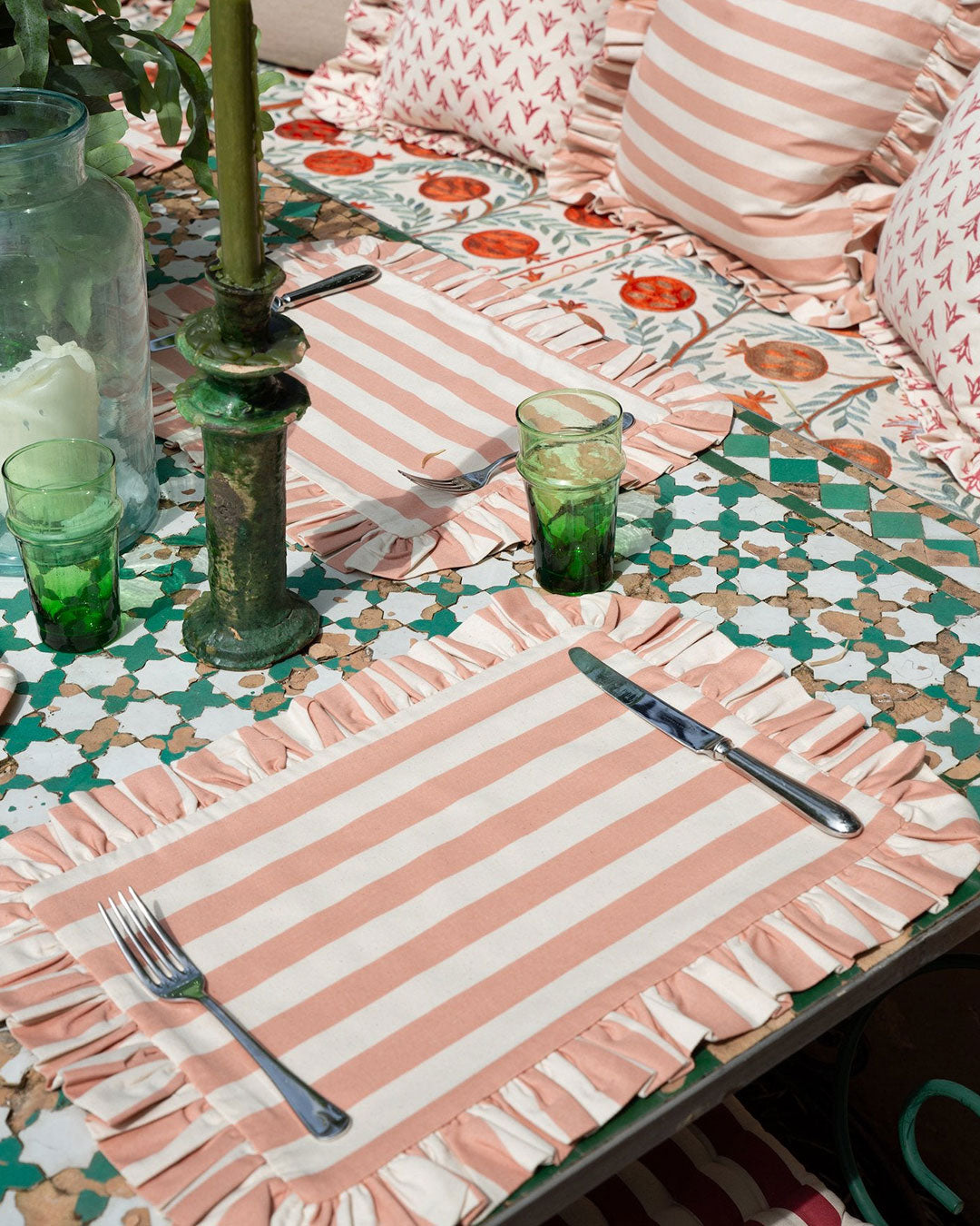 Tangier Rhubarb Stripe Frilly Placemat - Set of Two