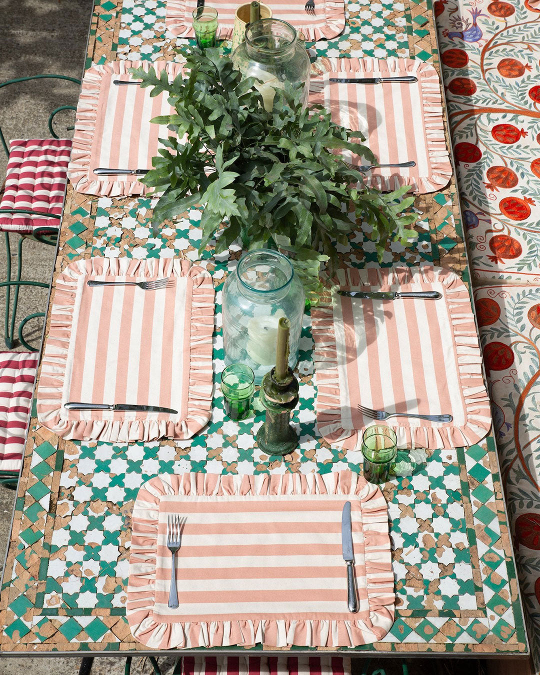 Tangier Rhubarb Stripe Frilly Placemat - Set of Two