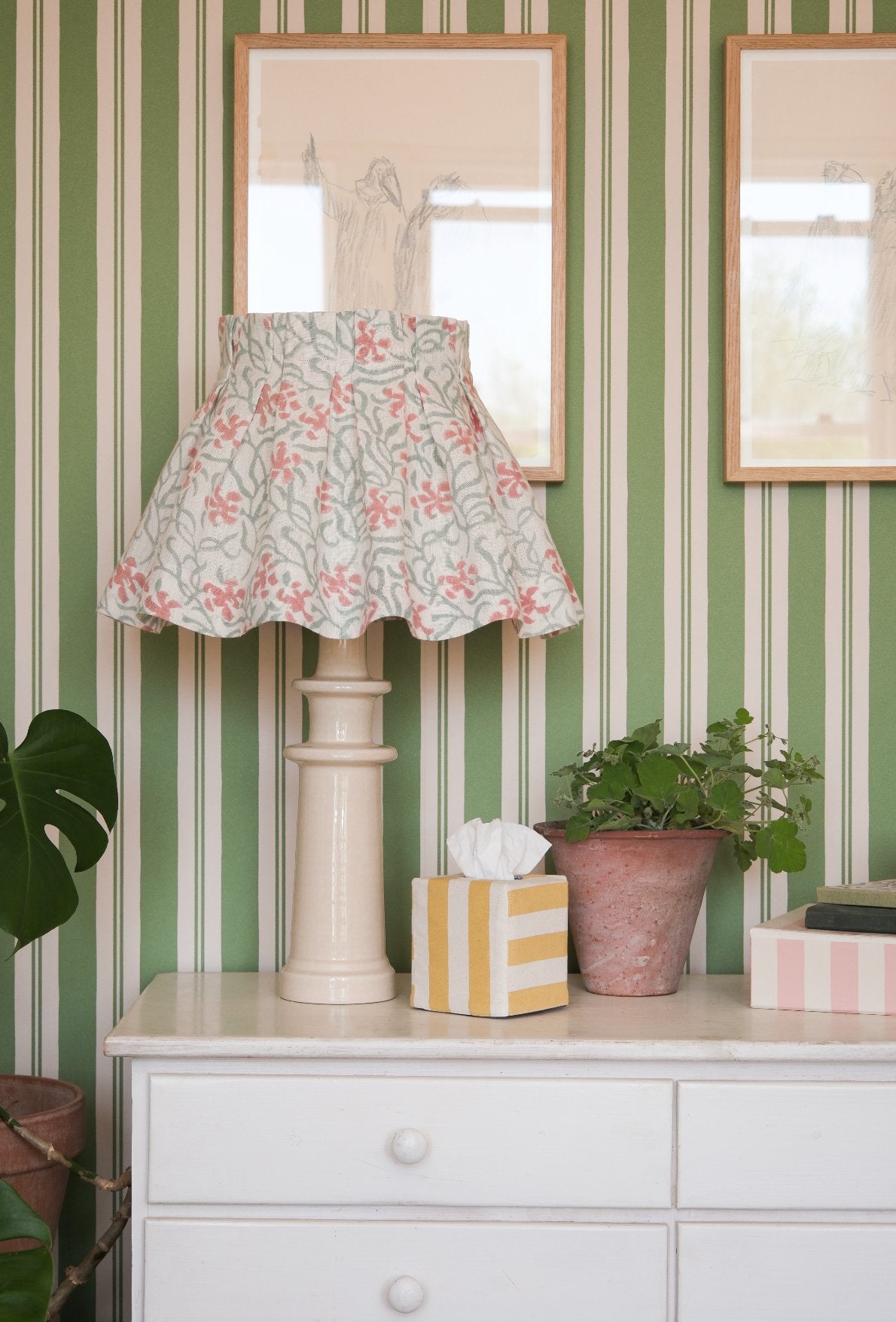 Terracotta and Eucalyptus Okra Linen Loose Box Pleat Lampshade - Alice Palmer & Co