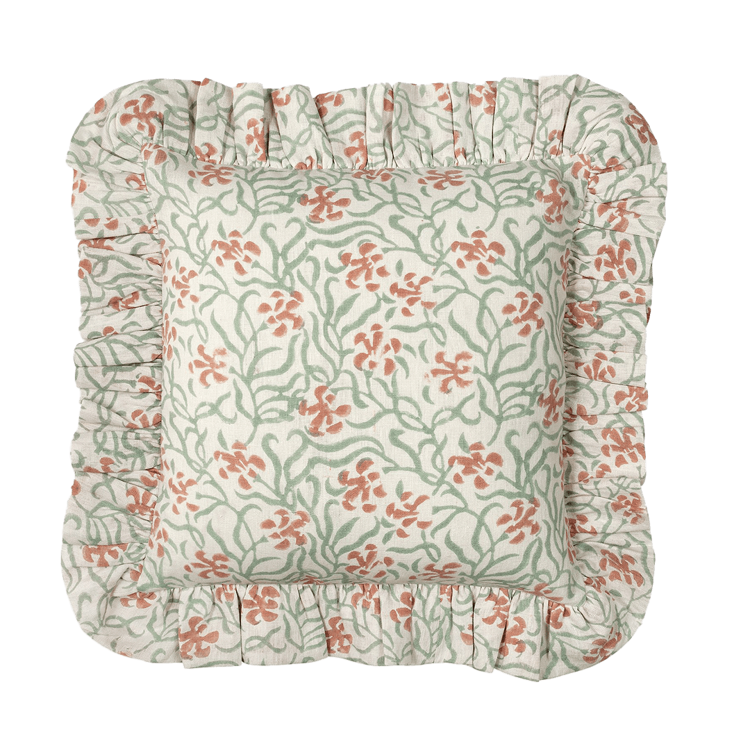 Terracotta Eucalyptus Okra Linen Frilly Cushion - Alice Palmer & Co